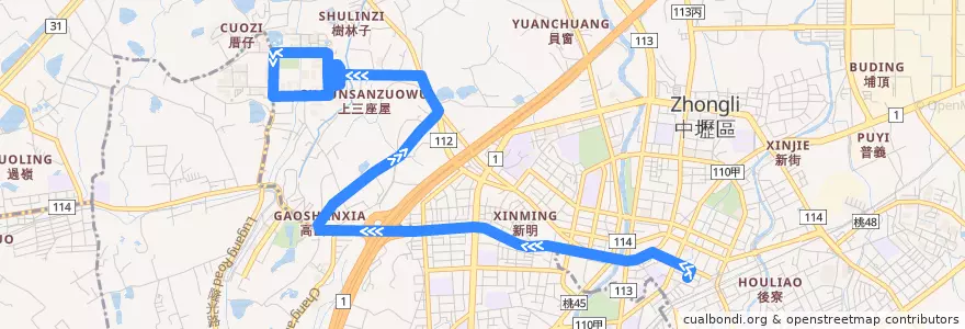 Mapa del recorrido 132 中壢->中央大學 de la línea  en 桃園市.