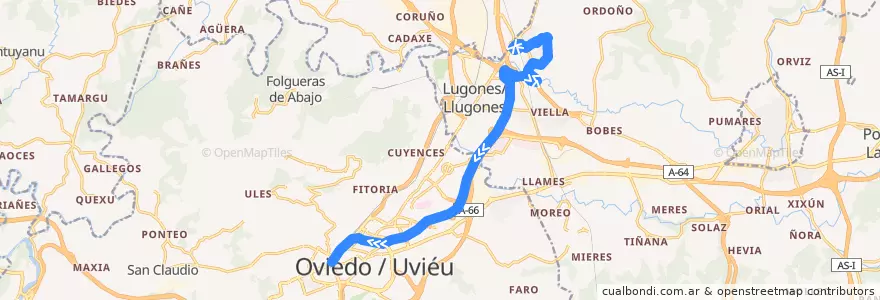 Mapa del recorrido La Fresneda - Oviedo (Autopista) de la línea  en 阿斯圖里亞斯.