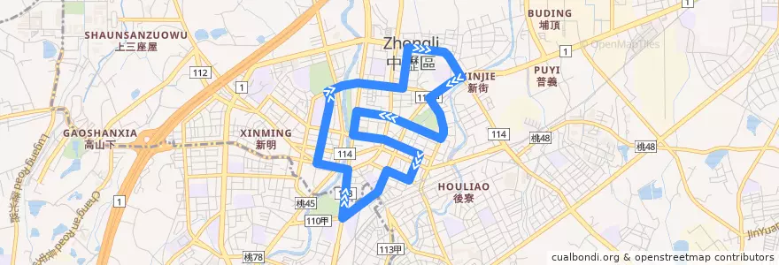 Mapa del recorrido 黃 內環線 de la línea  en 中壢区.
