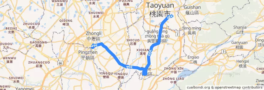 Mapa del recorrido 5010 桃園->八德->中壢 de la línea  en Taoyuan.