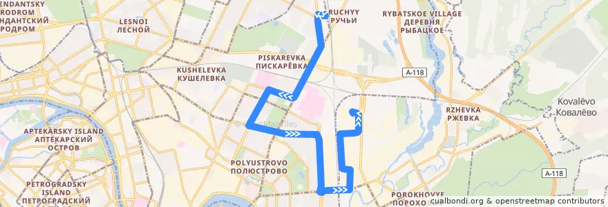 Mapa del recorrido Автобус № 131: железнодорожная станция «Ручьи» => Молокозавод de la línea  en Санкт-Петербург.