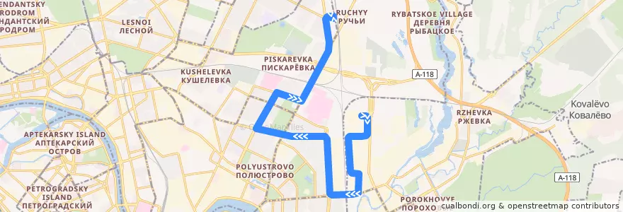Mapa del recorrido Автобус № 131: молокозавод № 4 => железнодорожная станция «Ручьи» de la línea  en Санкт-Петербург.