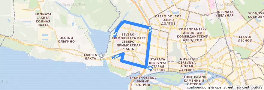 Mapa del recorrido Автобус № 134Ш: Лахтинский разлив => улица Оптиков, 52 de la línea  en Приморский район.