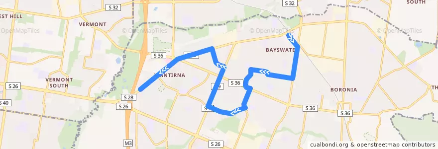 Mapa del recorrido Bayswater - Wantirna Primary School via Pindari Drive de la línea  en City of Knox.