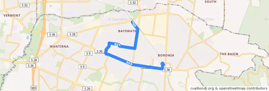 Mapa del recorrido Bayswater - Boronia via Pindari Drive de la línea  en City of Knox.