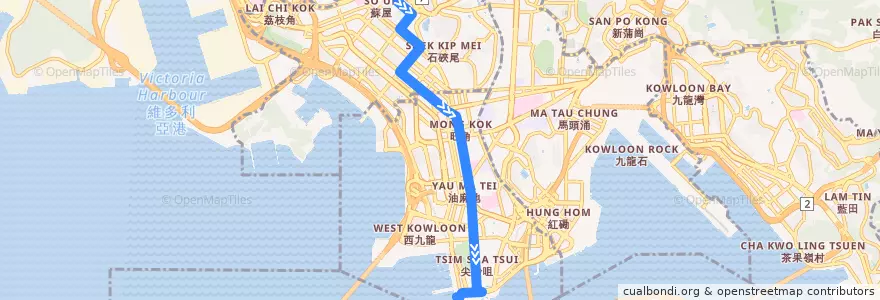 Mapa del recorrido Bus 2 (So Uk - Tsim Sha Tsui Ferry Pier) de la línea  en Kowloon.