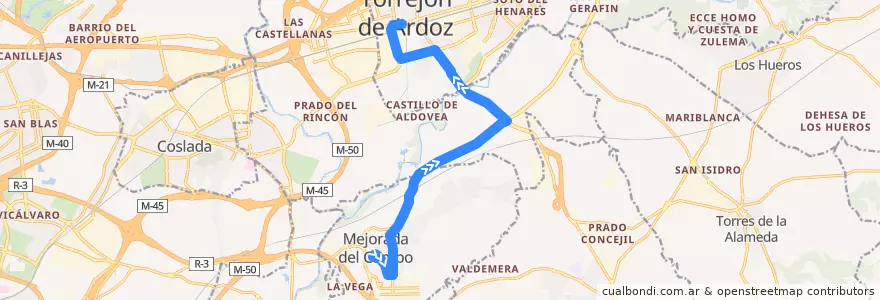 Mapa del recorrido Bus 340: Mejorada del Campo → Torrejón de Ardoz de la línea  en بخش خودمختار مادرید.