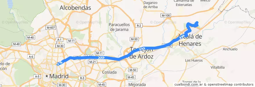 Mapa del recorrido Bus 227: Madrid (Avenida de América) → Alcalá de Henares (Espartales-Universidad) de la línea  en Área metropolitana de Madrid y Corredor del Henares.