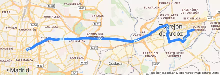 Mapa del recorrido Bus 224A: Madrid (Avenida de América) → Torrejón de Ardoz (La Mancha Amarilla) de la línea  en Área metropolitana de Madrid y Corredor del Henares.