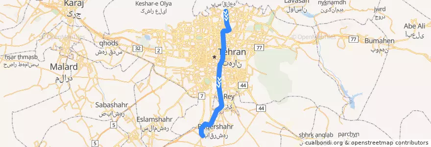 Mapa del recorrido خط ١ de la línea  en Téhéran.
