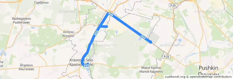 Mapa del recorrido Автобус № 147: станция "Красное Село" => Южное кладбище de la línea  en Ленинградская область.
