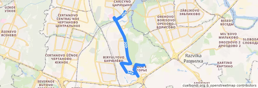 Mapa del recorrido Автобус 203: Метро "Царицыно" - 6-й микрорайон Загорья de la línea  en Biryulyovo Vostochnoye District.