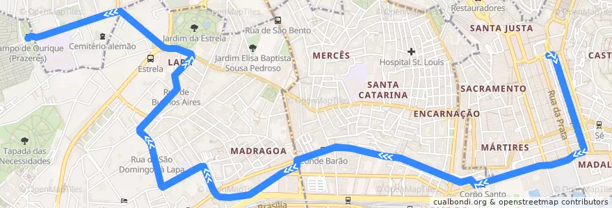 Mapa del recorrido 25E: Praça da Figueira → Campo de Ourique (Prazeres) de la línea  en Lisboa.