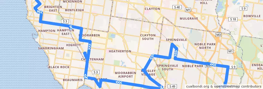 Mapa del recorrido Bus 811: Dandenong Station => Heatherton Road & Springvale => Brighton de la línea  en ولاية فيكتوريا.