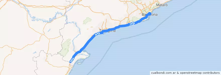 Mapa del recorrido R16: Ulldecona - Alcanar - La Sénia - Barcelona Estació de França de la línea  en Katalonien.