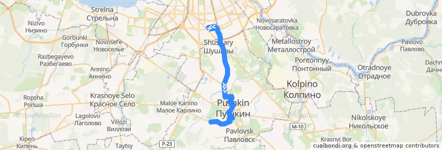 Mapa del recorrido Автобус № 186: Звёздная улица => Пушкин, Красносельское шоссе de la línea  en Санкт-Петербург.