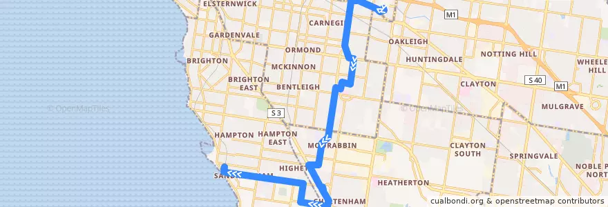 Mapa del recorrido Bus 822: Chadstone SC => Murrumbeena & Southland SC => Sandringham de la línea  en ولاية فيكتوريا.