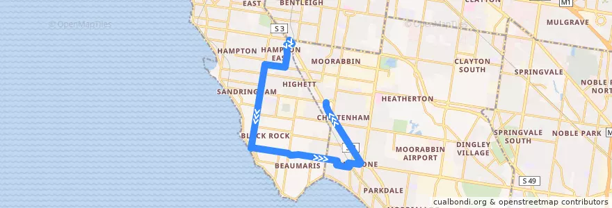 Mapa del recorrido Bus 825: Moorabbin => Black Rock & Mentone => Southland de la línea  en Victoria.