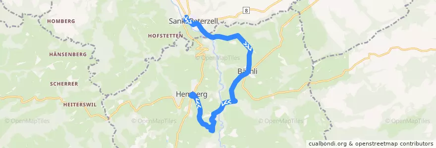Mapa del recorrido Bus 185: St. Peterzell, Dorf => Hemberg, Dorf de la línea  en Wahlkreis Toggenburg.