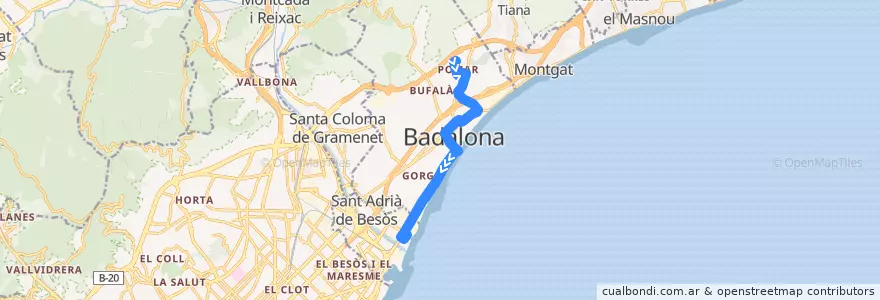 Mapa del recorrido B7 BADALONA (POMAR/ESTACIÓ RODALIES) - SANT ADRIÀ DE B. (ESTACIÓ RODALIES) de la línea  en Badalona.