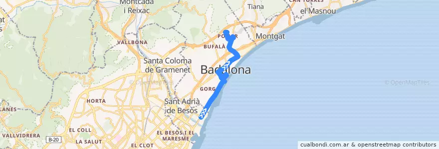 Mapa del recorrido B7 SANT ADRIÀ DE BESÒS Estació de Renfe - BADALONA Avinguda Martí Pujol de la línea  en Badalona.