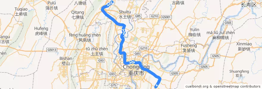 Mapa del recorrido CRT Line 6: 北碚 => 茶园 de la línea  en 重庆市.