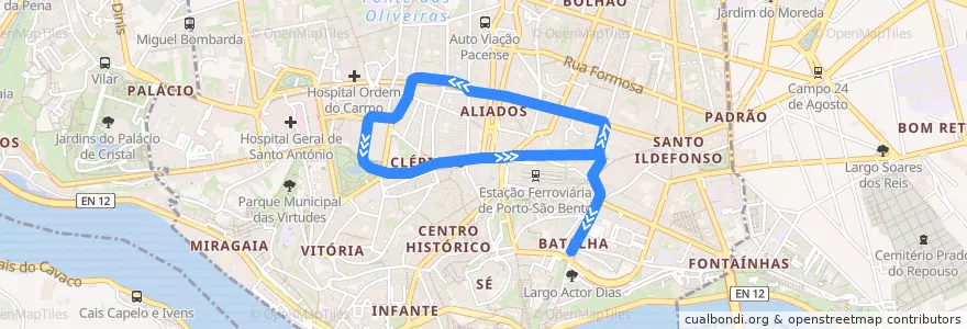 Mapa del recorrido Tram 22: Circular Carmo <=> Batalha de la línea  en Cedofeita, Santo Ildefonso, Sé, Miragaia, São Nicolau e Vitória.