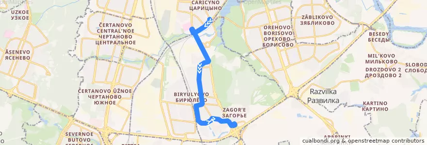 Mapa del recorrido Автобус 289к: Метро "Царицыно" - Загорье de la línea  en район Бирюлёво Восточное.