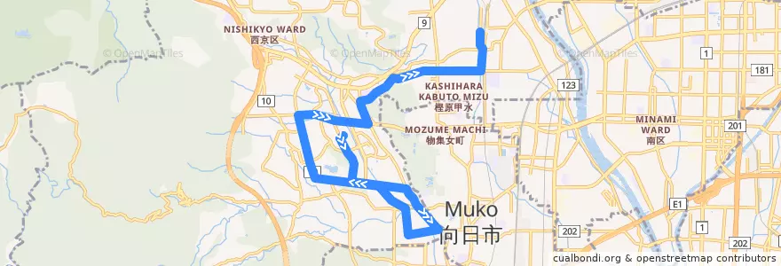 Mapa del recorrido 西2系統: 洛西バスターミナル => 右京の里 => 桂駅西口 de la línea  en 西京区.