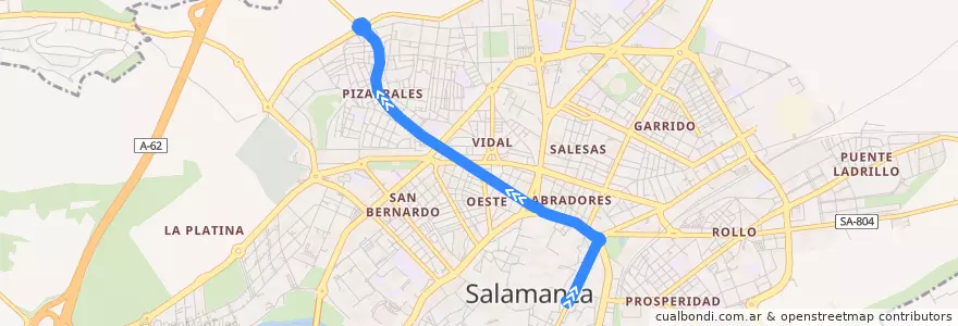 Mapa del recorrido 2. San Julián → Pizarrales de la línea  en Salamanca.