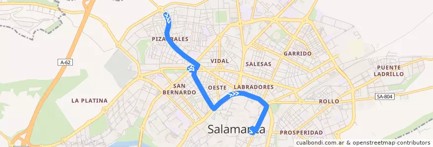 Mapa del recorrido 2. Pizarrales → San Julián de la línea  en Salamanca.