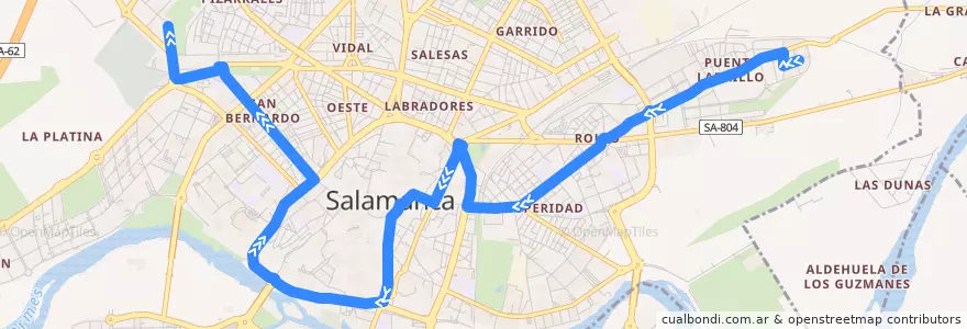 Mapa del recorrido 4. Los Toreses → Cementerio de la línea  en Salamanca.