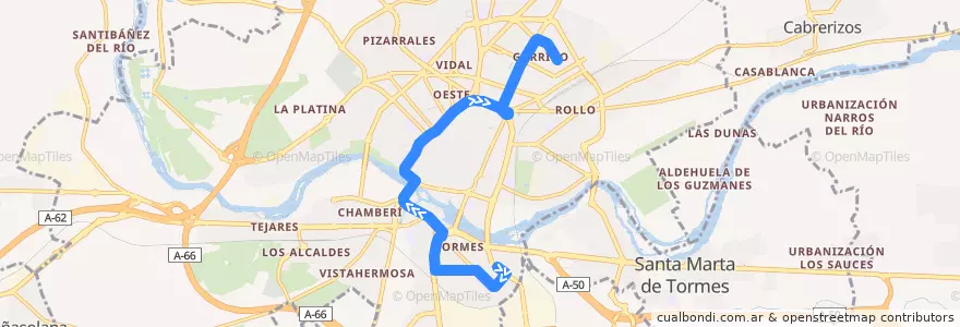 Mapa del recorrido 6. San José → Garrido (Por Hospitales) de la línea  en Salamanca.