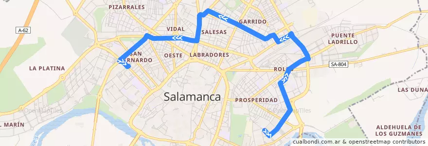 Mapa del recorrido 7. Prosperidad → Campus Universitario de la línea  en Salamanca.