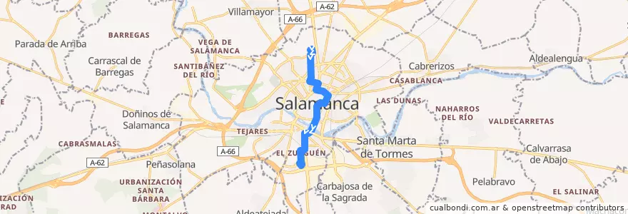 Mapa del recorrido 9. Capuchinos → Zurguén de la línea  en Salamanca.