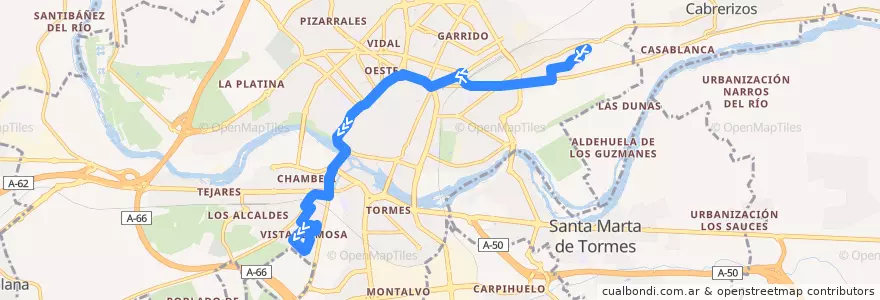 Mapa del recorrido 10. Los Toreses → Vistahermosa de la línea  en Salamanca.
