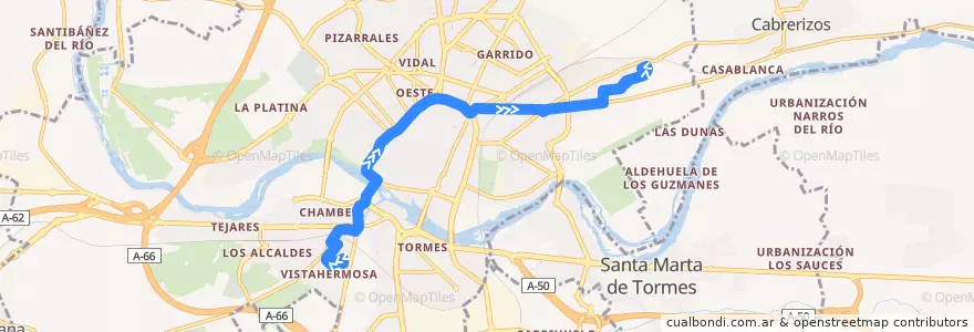 Mapa del recorrido 10. Vistahermosa → Los toreses de la línea  en Salamanca.