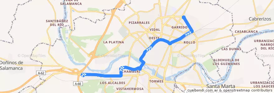 Mapa del recorrido 11. Buenos Aires → Los Cipreses (Por Hospitales) de la línea  en Salamanca.