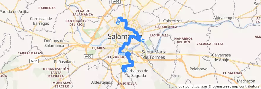 Mapa del recorrido 12. Barrio Blanco → Montalvo II de la línea  en Campo de Salamanca.