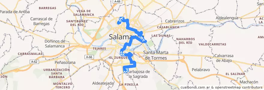 Mapa del recorrido 12. Montalvo II → Barrio Blanco de la línea  en Campo de Salamanca.