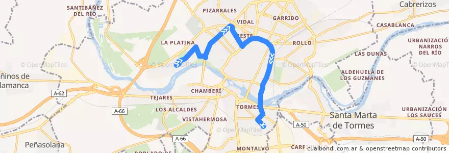 Mapa del recorrido 13. Huerta Otea → San José de la línea  en Salamanca.