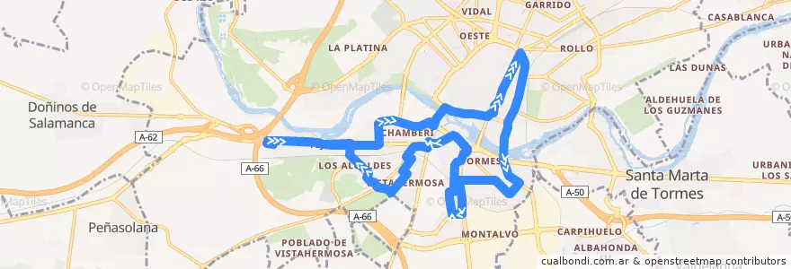 Mapa del recorrido N2 - Servicio nocturno (Ruta sur) de la línea  en Salamanca.