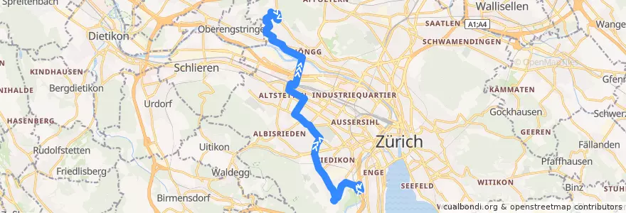 Mapa del recorrido Bus 89: Zürich, Sihlcity → Heizenholz de la línea  en Zürich.