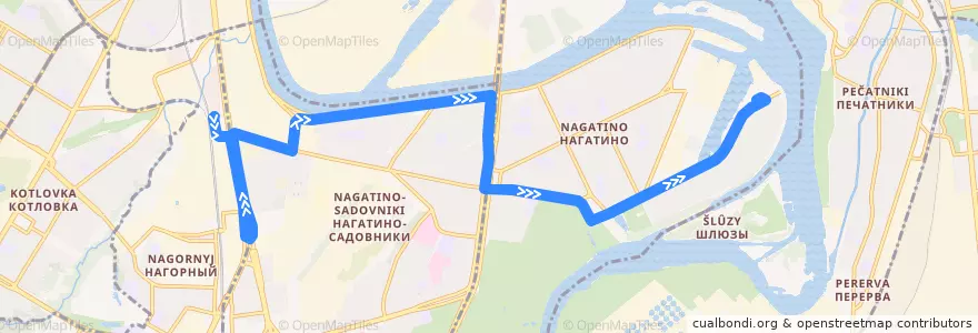 Mapa del recorrido Автобус 751: Станция метро "Нагатинская" - Нагатинский затон de la línea  en Südlicher Verwaltungsbezirk.