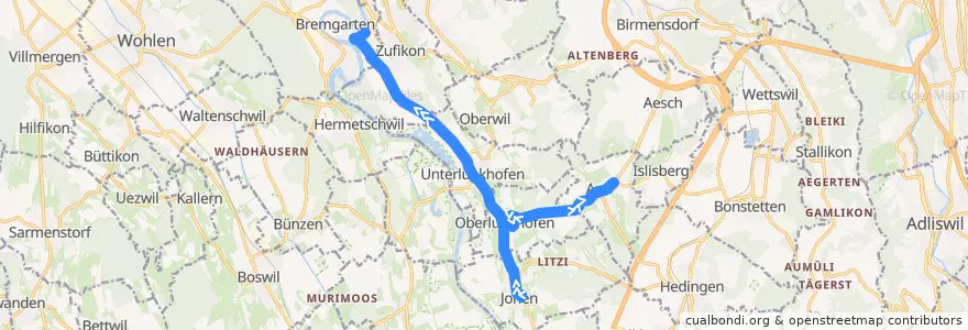Mapa del recorrido Bus 231: Jonen, Taverne => Arni AG, Stockacker=> Bremgarten AG, Bahnhof (Hauptweg) de la línea  en Bezirk Bremgarten.