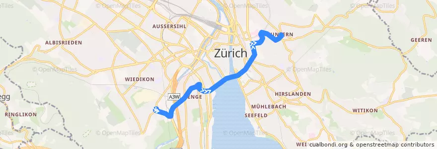 Mapa del recorrido Tram 5: Laubegg → Kirche Fluntern de la línea  en Zürich.