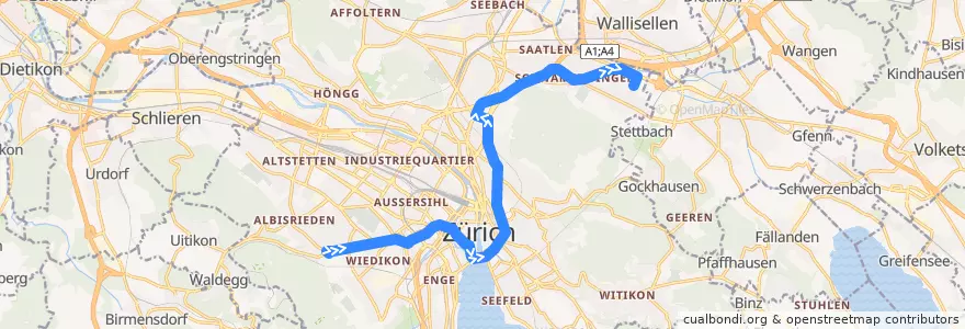 Mapa del recorrido Tram 9: Triemli → Hirzenbach de la línea  en Zürich.