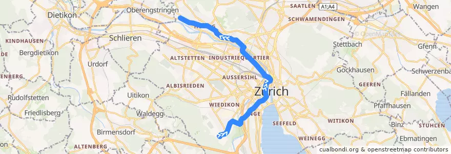Mapa del recorrido Tram 13: Albisgütli → Frankental de la línea  en Zürich.