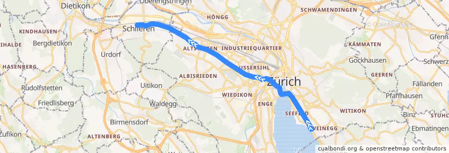 Mapa del recorrido Tram 2: Bahnhof Tiefenbrunnen → Schlieren Geissweid de la línea  en Zürich.