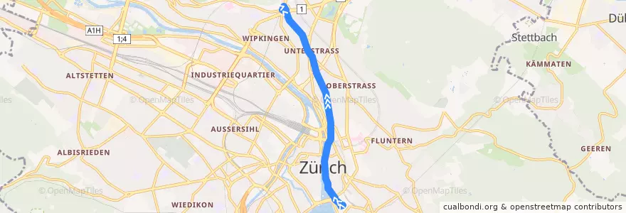Mapa del recorrido Tram 15: Bahnhof Stadelhofen → Bucheggplatz de la línea  en Zürich.